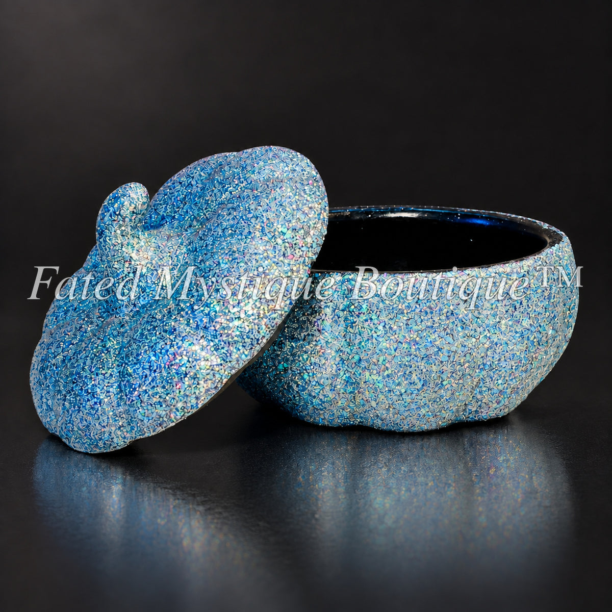 Light blue glow-in-the-dark glitter pumpkin trinket jar shown open — Fated Mystique Boutique