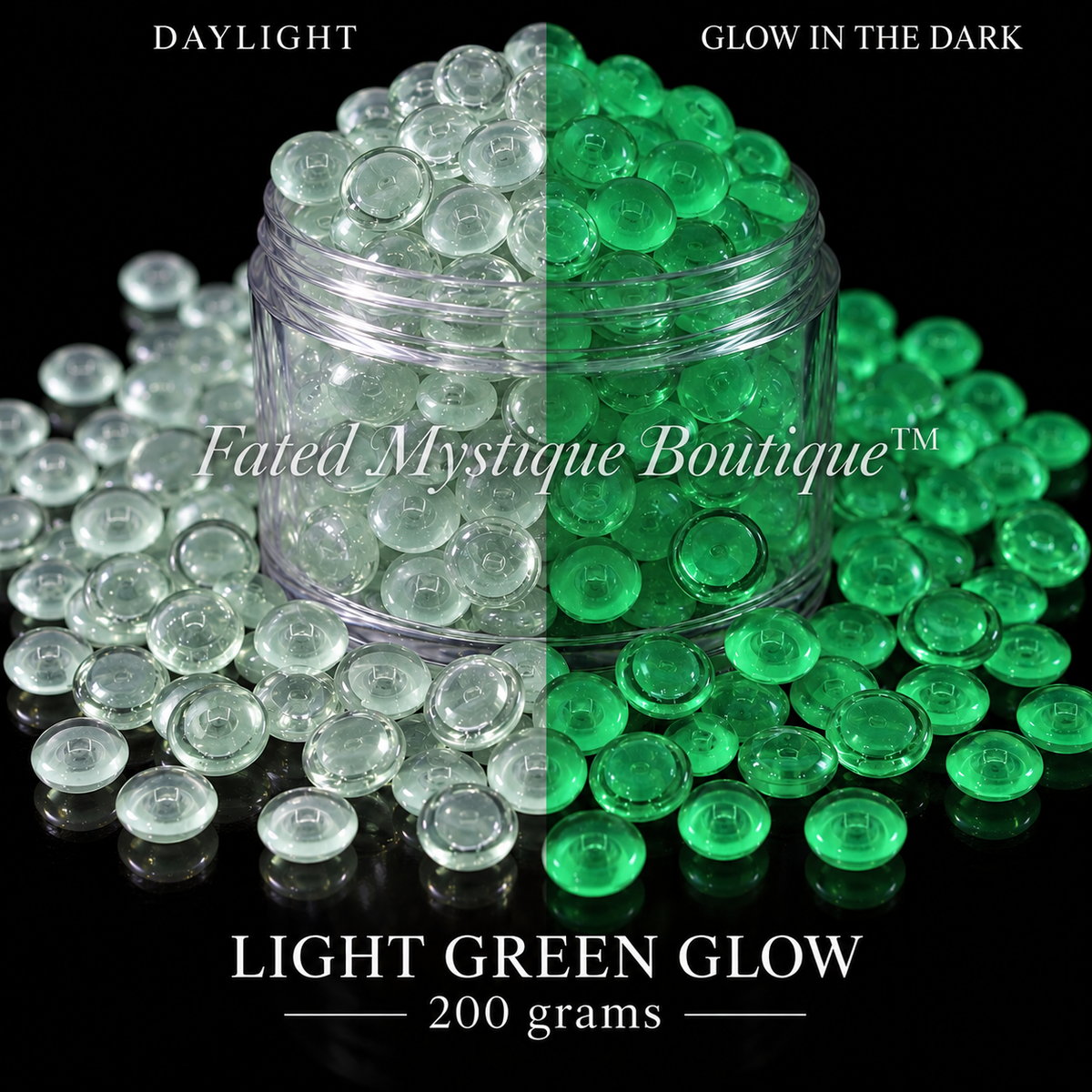 LIGHT GREEN GLOW, 200 grams, acrylic beads overflowing a centered clear jar on black, daylight and glow-in-the-dark views — Fated Mystique Boutique