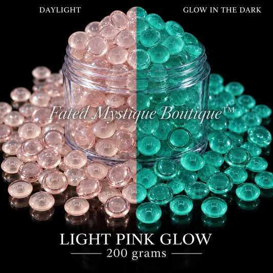 LIGHT PINK GLOW, 200 grams, acrylic beads overflowing a centered clear jar on black, daylight and glow-in-the-dark views — Fated Mystique Boutique
