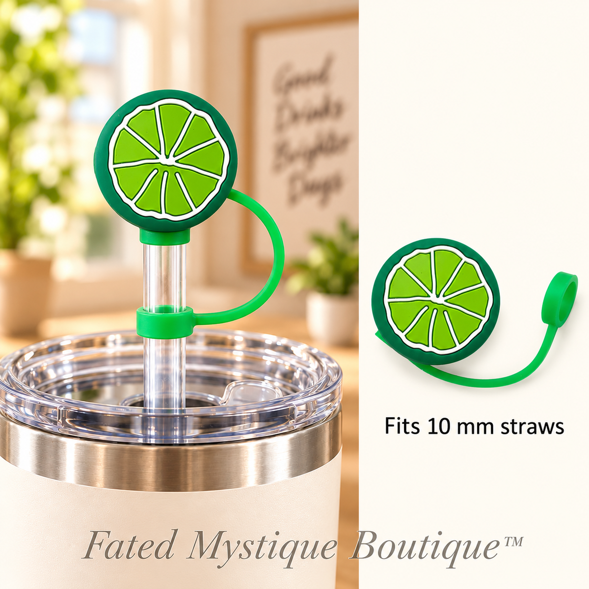 Lime Slice straw topper with matching tether for 10 mm straws — Fated Mystique Boutique