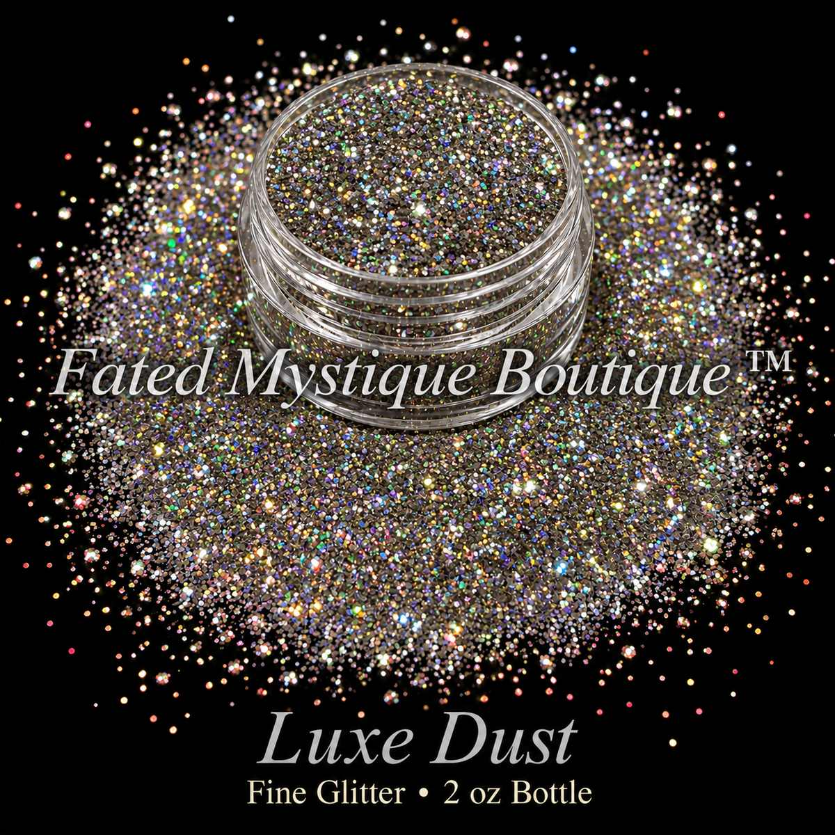 Luxe Dust silver charcoal holographic fine glitter in a clear jar with sparkling spill, 2 oz bottle