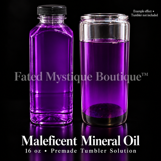 Maleficent Mineral Oil — 16 oz bottle beside a clear tumbler showing the oil color; example effect, tumbler not included.