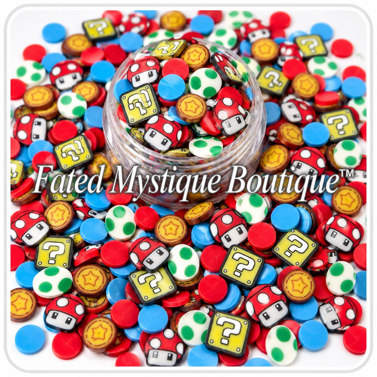 Mario Mix polymer clay slices displayed in a clear jar with loose slices on a white background