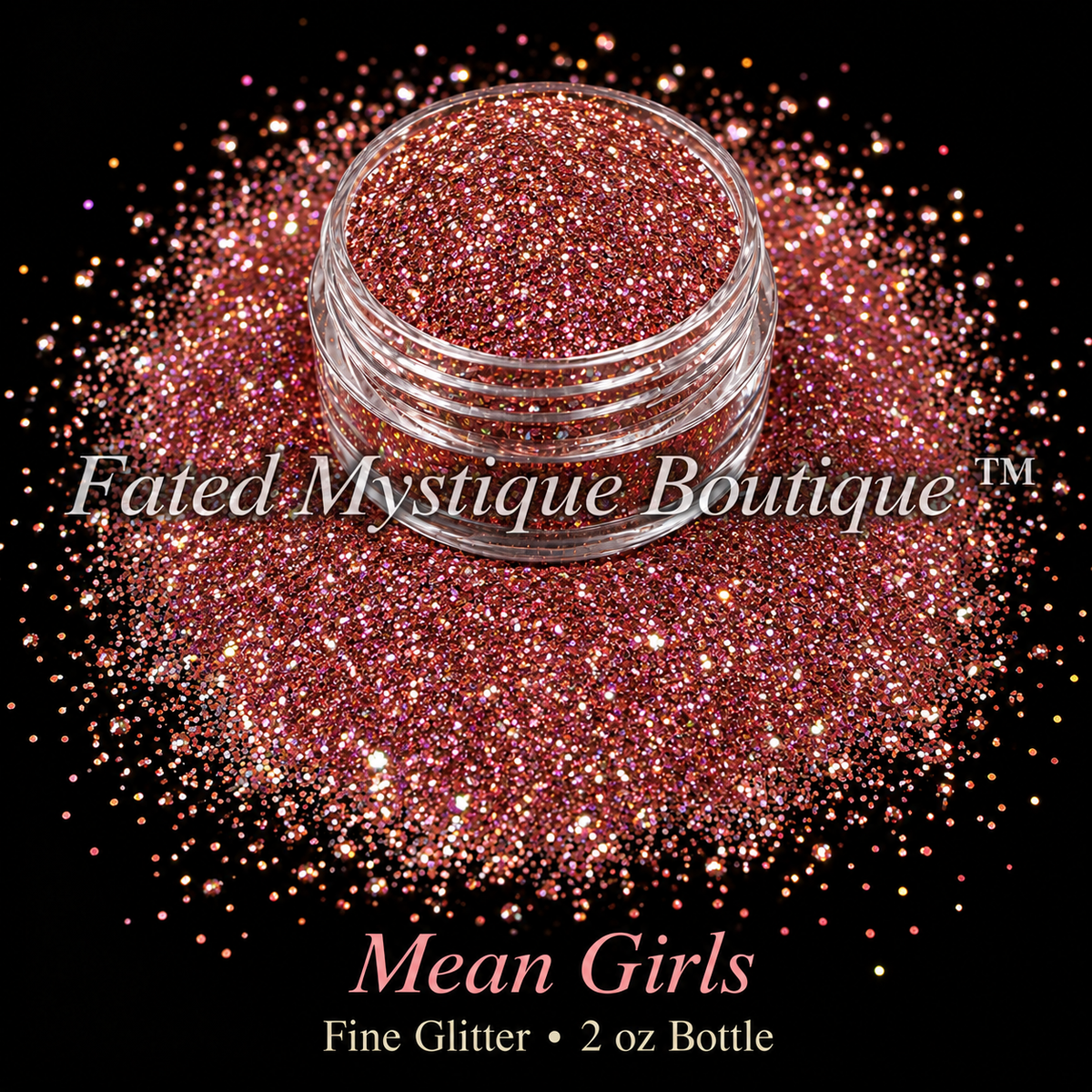 Mean Girls rose-pink fine holographic glitter with a hint of iridescence, displayed in a clear jar with scattered glitter on black; 2 oz bottle.