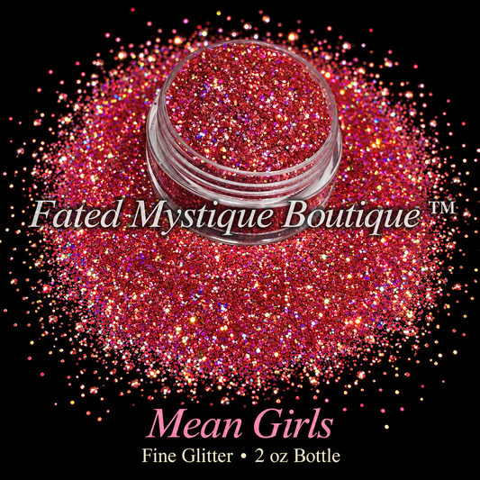Mean Girls deep rose-pink fine glitter with rainbow holographic flashes in a clear jar on black; 2 oz bottle.