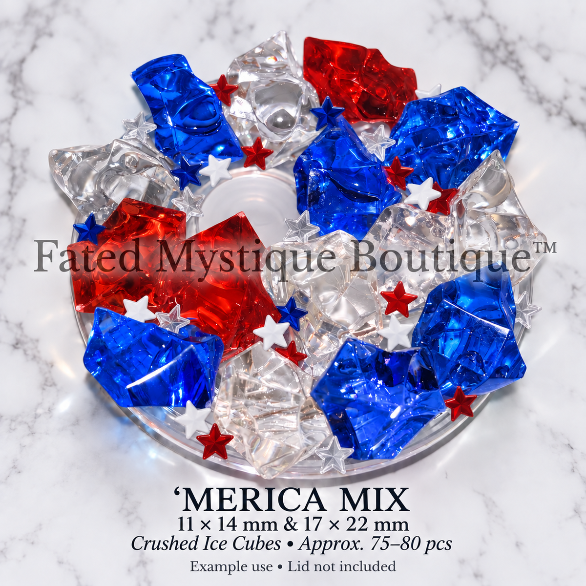 ‘Merica Mixed Crushed Ice Cubes @ 75-80 pcs, 11 x 14 mm and 17 x 22 mm, professional product display — Fated Mystique Boutique