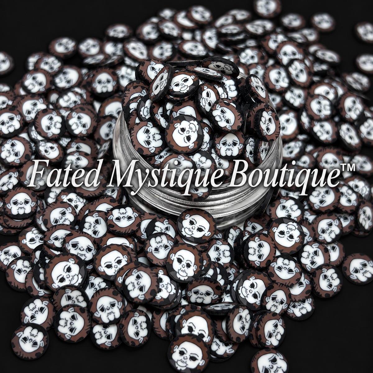 Michael Myers polymer clay slices in a clear jar on a black background — Fated Mystique Boutique