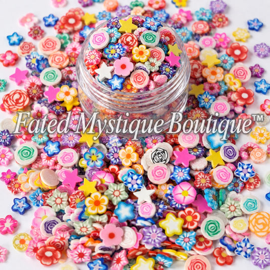 Mixed flower polymer clay slices for floral snow globe tumblers slime and DIY craft projects