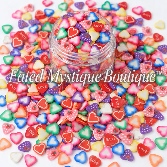 Mixed heart polymer clay slices for Valentine's snow globe tumblers slime and DIY crafts