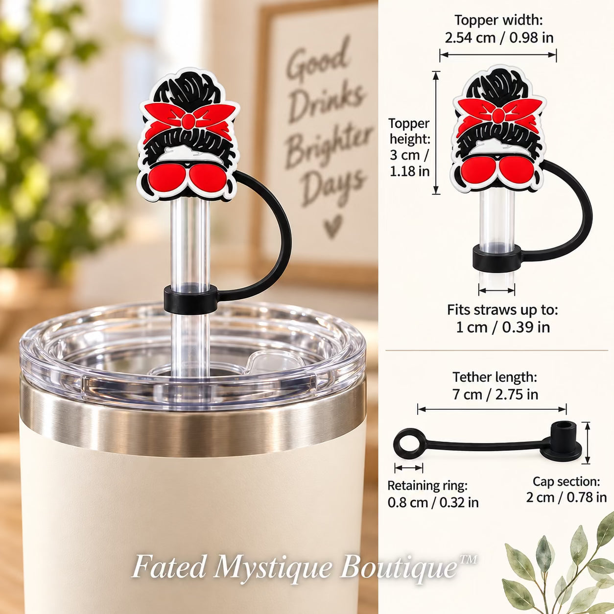 Red Mom Life Straw Topper straw topper shown in use with measurements and Fated Mystique Boutique watermark