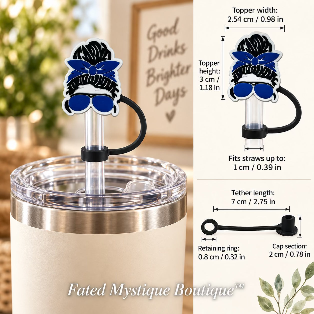 Dark Blue Mom Life Straw Topper straw topper shown in use with measurements and Fated Mystique Boutique watermark