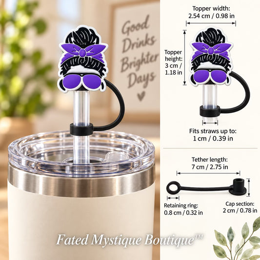 Purple Mom Life Straw Topper straw topper shown in use with measurements and Fated Mystique Boutique watermark