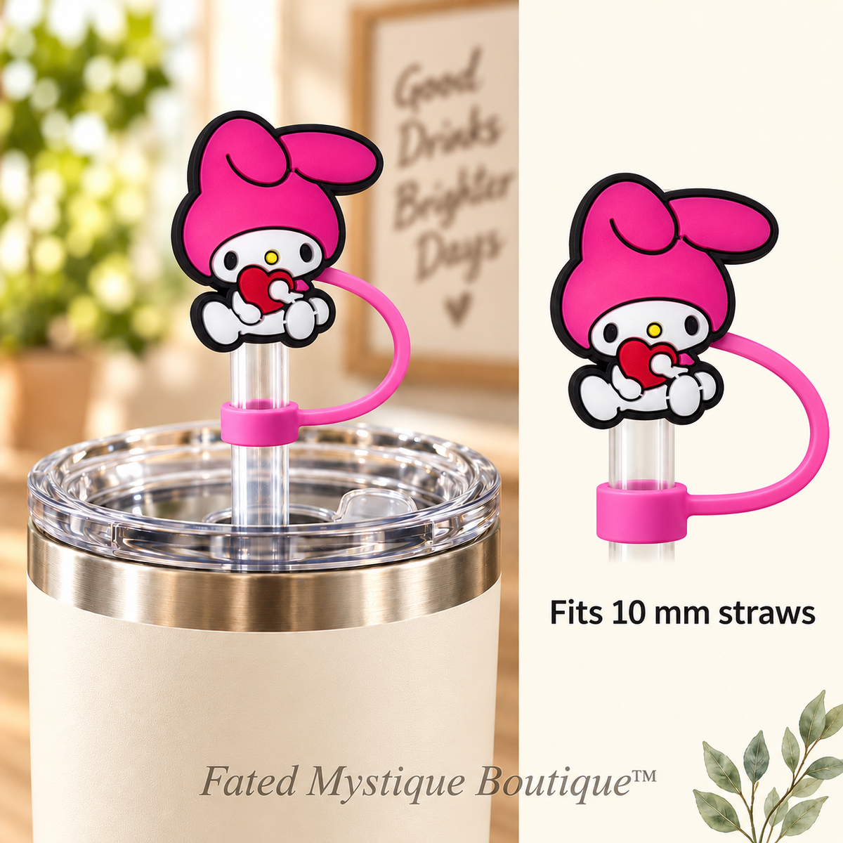 My Melody Heart straw topper with matching tether for 10 mm straws — Fated Mystique Boutique