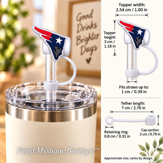 New England Patriots straw topper with matching tether for 10 mm straws — Fated Mystique Boutique; approximate dimensions vary by design