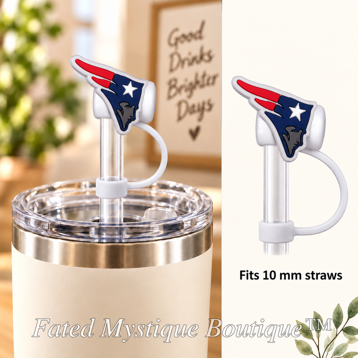 New England Patriots straw topper with matching tether for 10 mm straws — Fated Mystique Boutique