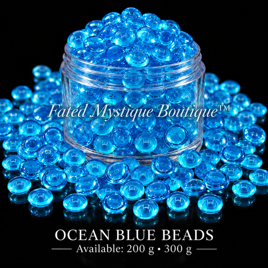 OCEAN BLUE BEADS, 200 g • 300 g, acrylic beads overflowing a centered clear jar on black — Fated Mystique Boutique