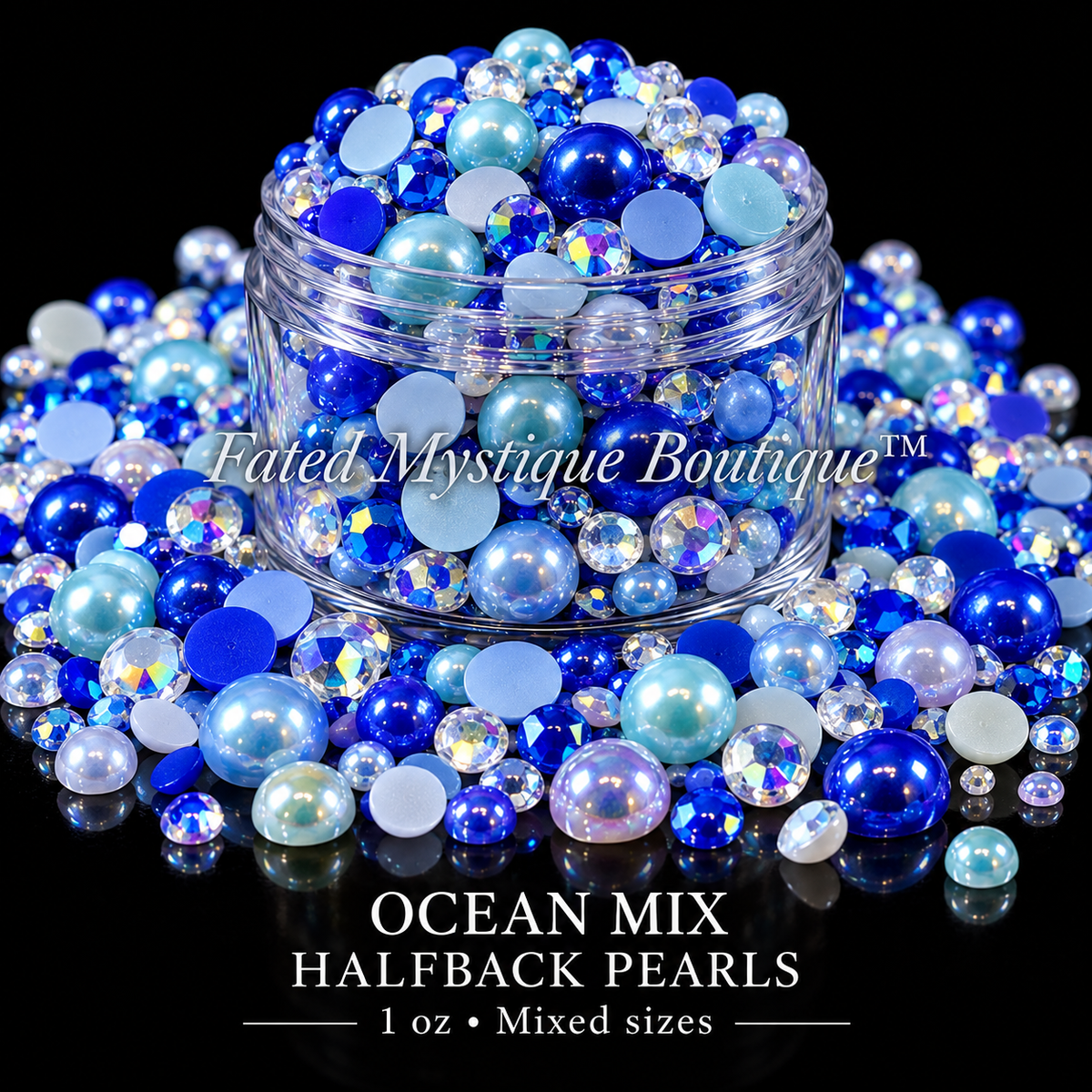 Ocean Mix Halfback Pearls, 1 oz mixed sizes, centered clear jar with scattered craft embellishments on black — Fated Mystique Boutique