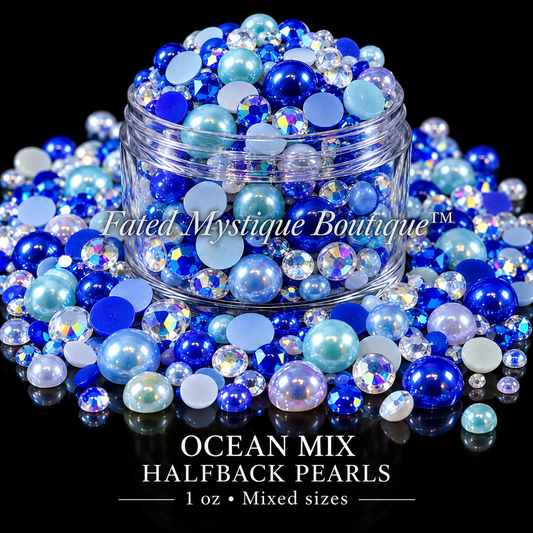 Ocean Mix Halfback Pearls, 1 oz mixed sizes, centered clear jar with scattered craft embellishments on black — Fated Mystique Boutique