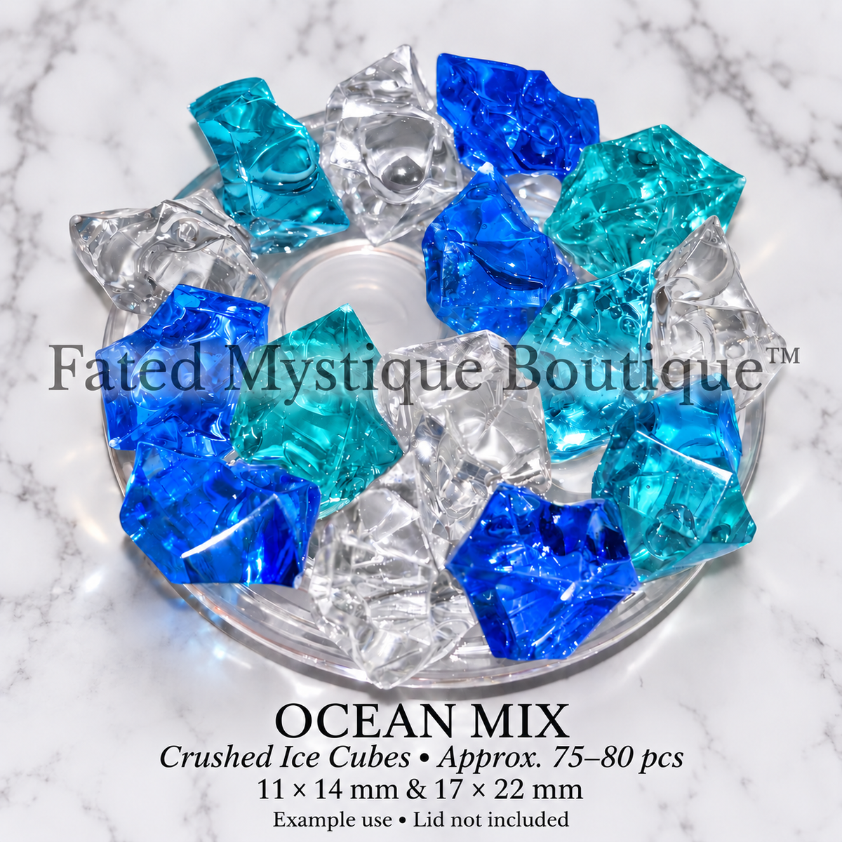 Ocean Mixed Crushed Ice Cubes @ 75-80 pcs, 11 x 14 mm and 17 x 22 mm, professional product display — Fated Mystique Boutique