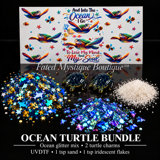 Ocean Turtle Bundle with turtle UVDTF, two turtle charms, ocean glitter, 1 tsp white sand and 1 tsp iridescent glitter flakes