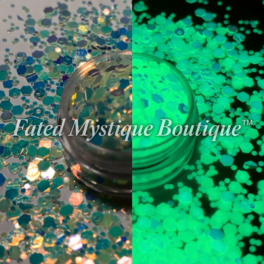 Opalite white teal and purple color-shifting glow-in-the-dark chunky glitter; side-by-side effects with Fated Mystique Boutique™ watermark