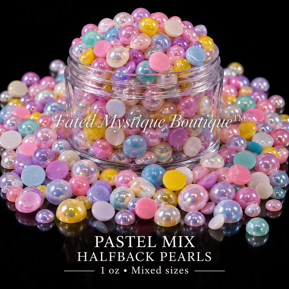 Pastel Mix Halfback Pearls, 1 oz mixed sizes, centered clear jar with scattered craft embellishments on black — Fated Mystique Boutique