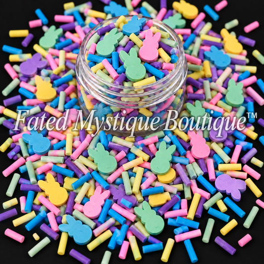 Colorful Easter bunny polymer clay slices in pastel colors for snow globe tumblers and DIY crafts