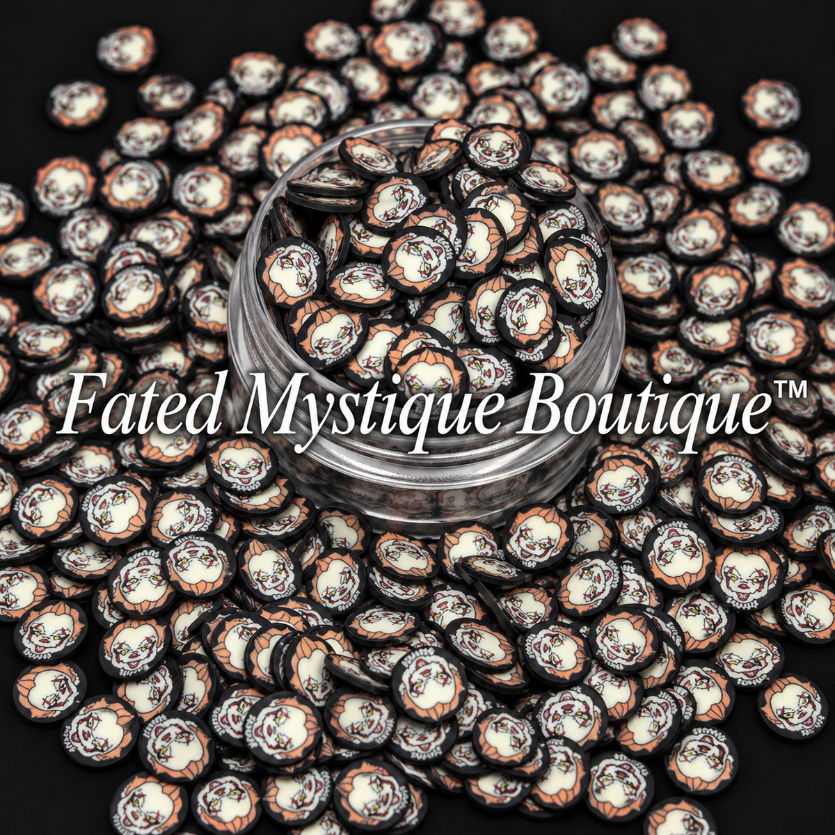 Pennywise polymer clay slices in a clear jar on a black background — Fated Mystique Boutique