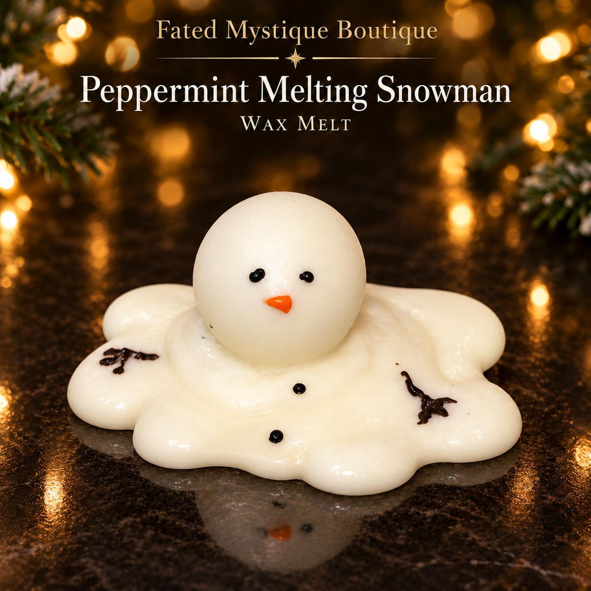 Peppermint melting snowman wax melt with orange carrot nose and black twig details on a black surface