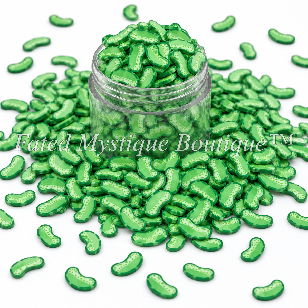 Green pickle polymer clay slices in clear jar on white