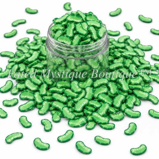 Green pickle polymer clay slices in clear jar on white