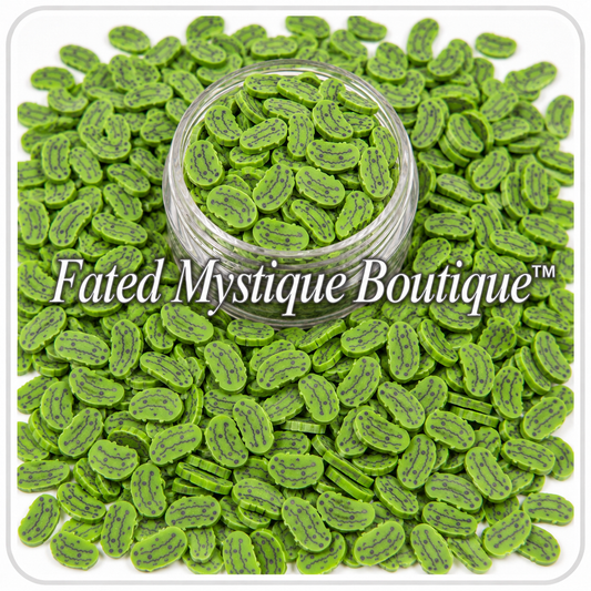 Pickles polymer clay slices displayed in a clear jar with loose slices on a white background