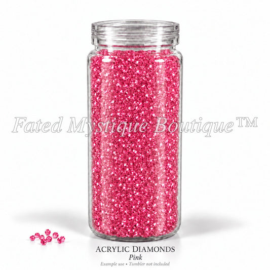 Pink Acrylic Diamonds shown in a clear snow globe tumbler; example use, tumbler not included