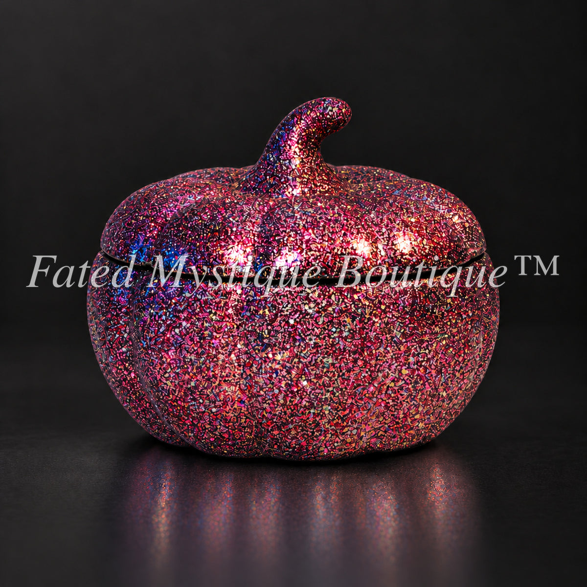 Pink glow-in-the-dark glitter pumpkin trinket jar with lid for fall tabletop decor — Fated Mystique Boutique
