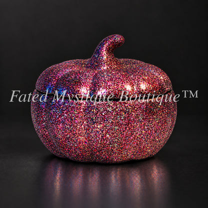Pink glow-in-the-dark glitter pumpkin trinket jar with lid for fall tabletop decor — Fated Mystique Boutique