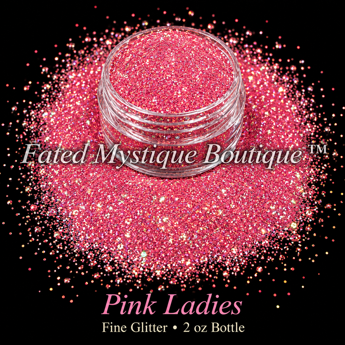 Pink Ladies bright pink fine holographic glitter with a hint of iridescence, displayed in a clear jar with scattered glitter on black; 2 oz bottle.