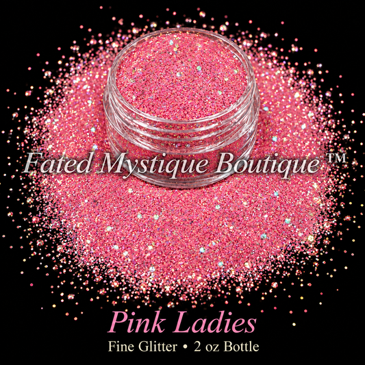 Pink Ladies bright pink fine glitter with iridescent flashes in a clear jar on black; 2 oz bottle.