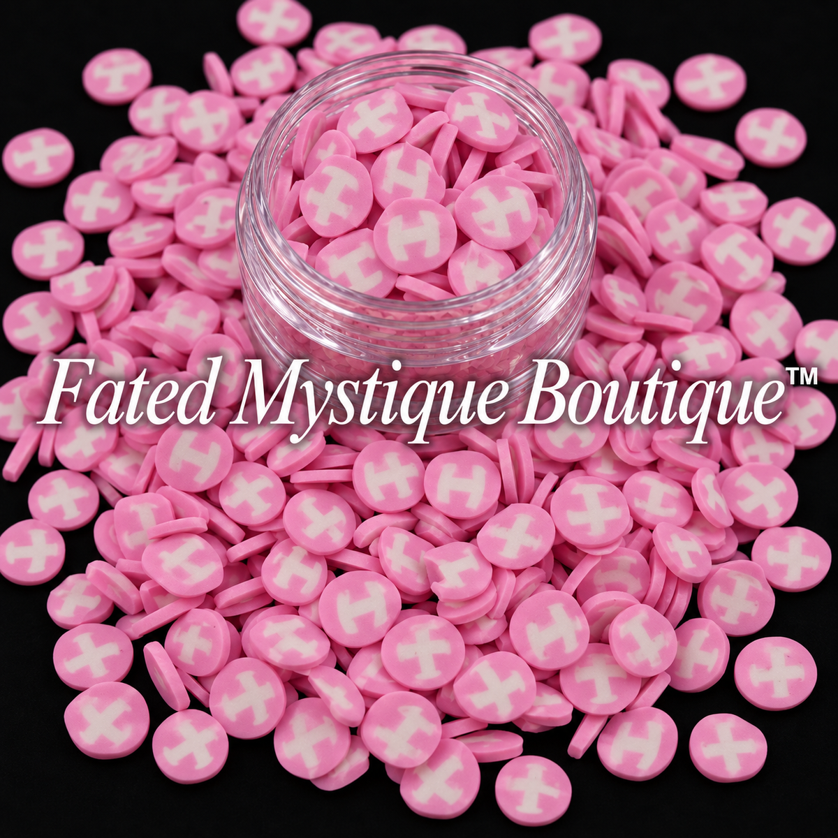Pink Sagittarius Clay Slices, 0.50 oz clearance pack, shown in a clear display jar with scattered pieces on a black background