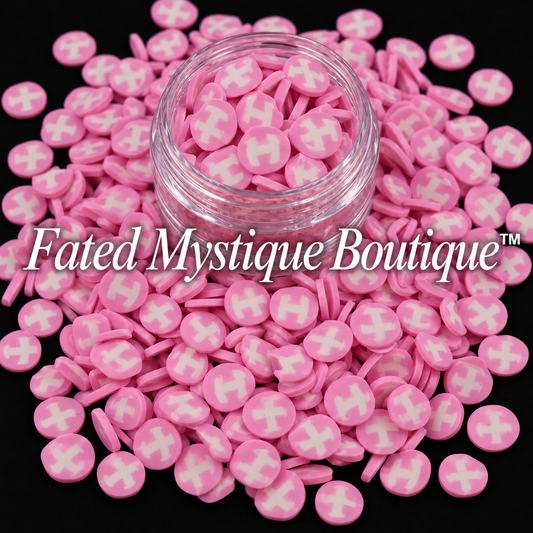 Pink Sagittarius Clay Slices, 0.50 oz clearance pack, shown in a clear display jar with scattered pieces on a black background