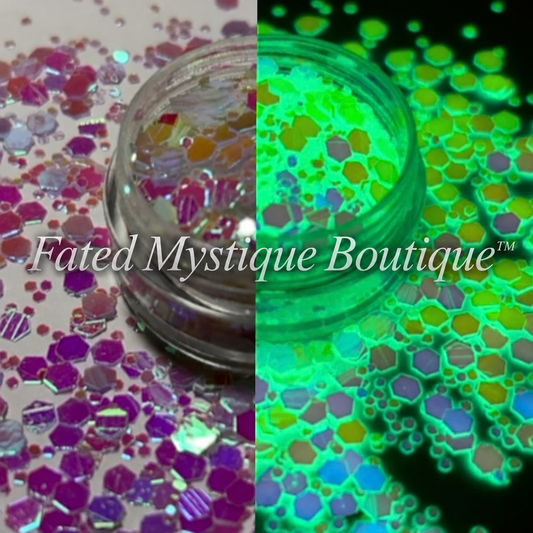 Pixie Dust white orange and pink color-shifting glow-in-the-dark chunky glitter; side-by-side effects with Fated Mystique Boutique™ watermark