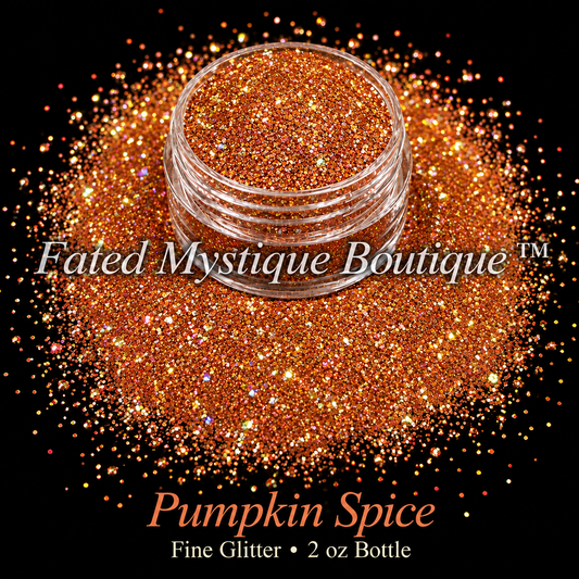 Pumpkin Spice copper-orange fine glitter with rainbow reflective sparkle in a clear jar on black; 2 oz bottle.