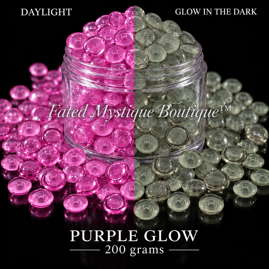 PURPLE GLOW, 200 grams, acrylic beads overflowing a centered clear jar on black, daylight and glow-in-the-dark views — Fated Mystique Boutique