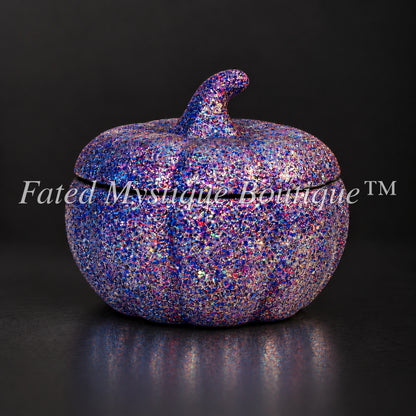 Purple glow-in-the-dark glitter pumpkin trinket jar with lid for fall decor — Fated Mystique Boutique