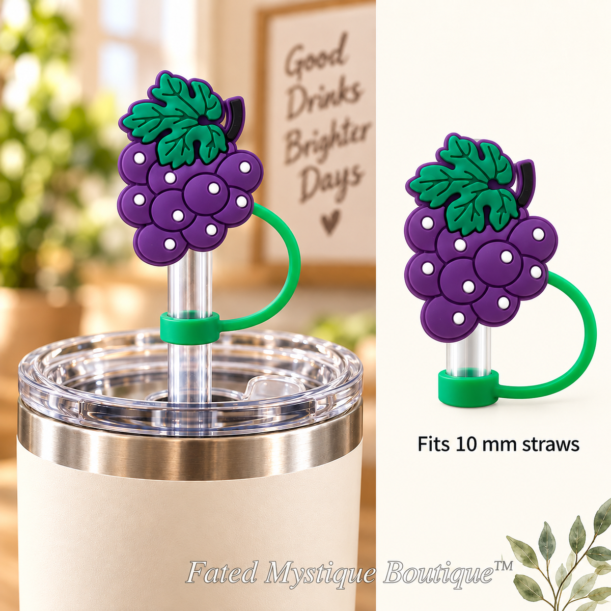 Purple Grapes straw topper with matching tether for 10 mm straws — Fated Mystique Boutique