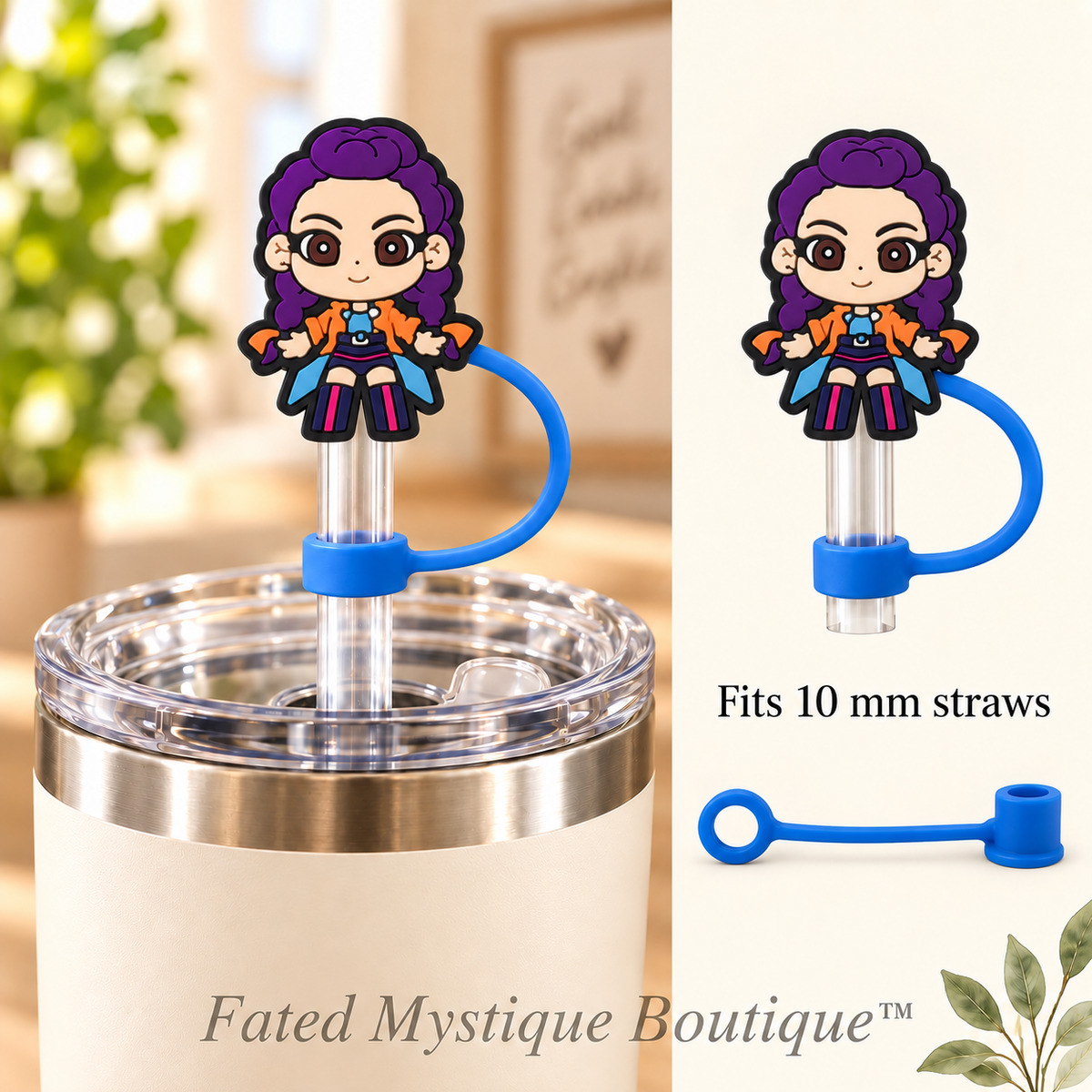 Purple-Haired Character straw topper with matching tether for 10 mm straws — Fated Mystique Boutique