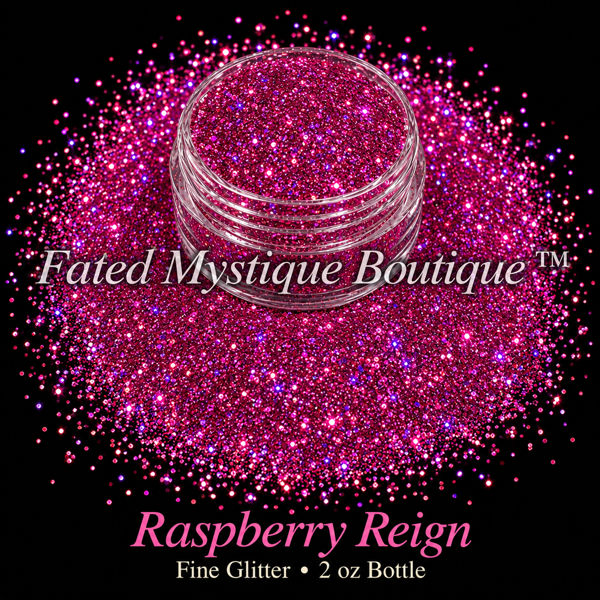 Raspberry Reign raspberry-magenta fine glitter with pink and violet reflective flashes in a clear jar on black; 2 oz bottle.