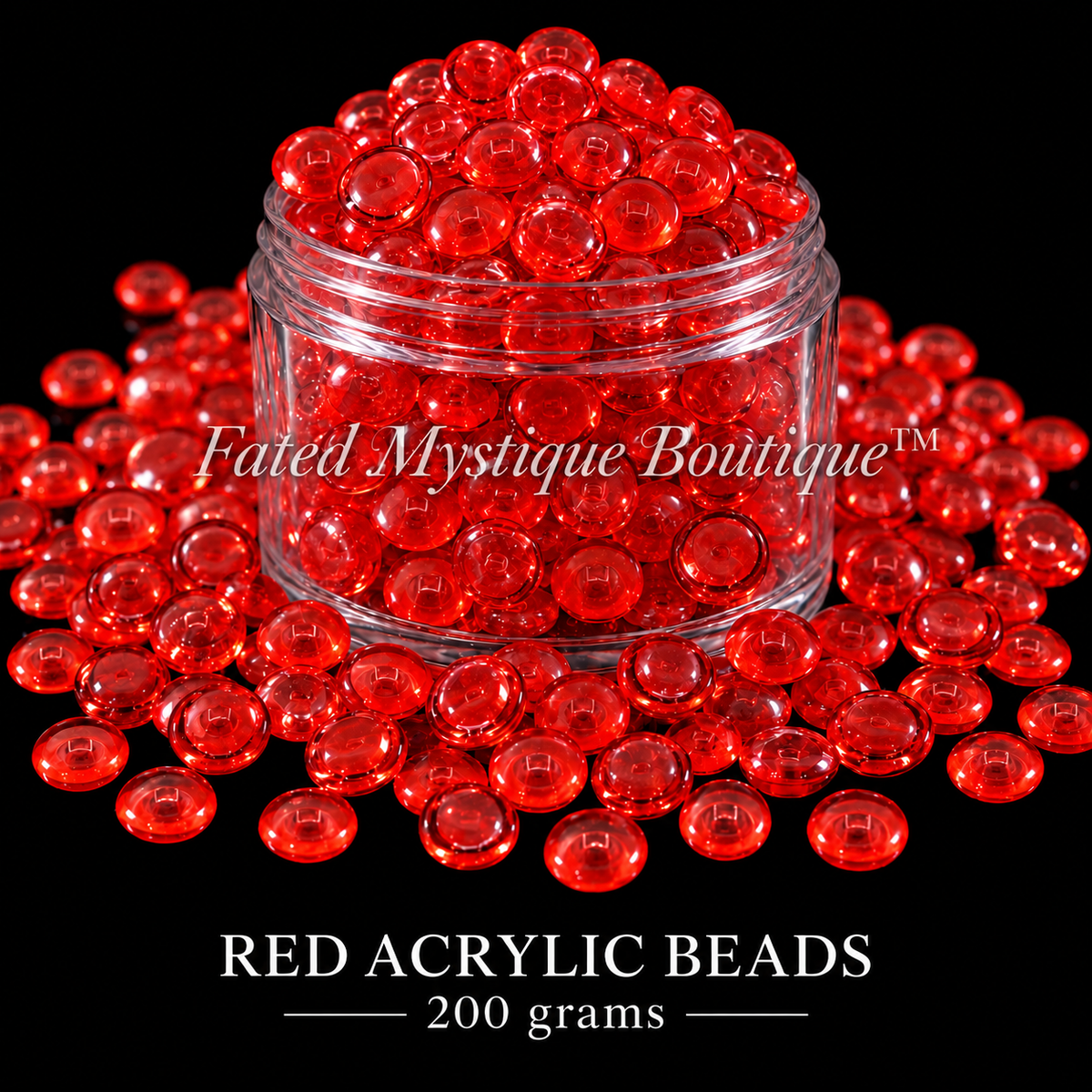 RED ACRYLIC BEADS, 200 grams, centered clear jar with overflowing acrylic beads on a solid black background — Fated Mystique Boutique