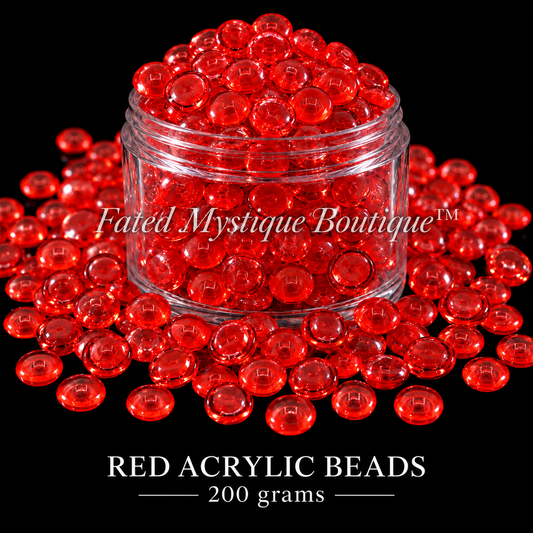 RED ACRYLIC BEADS, 200 grams, centered clear jar with overflowing acrylic beads on a solid black background — Fated Mystique Boutique
