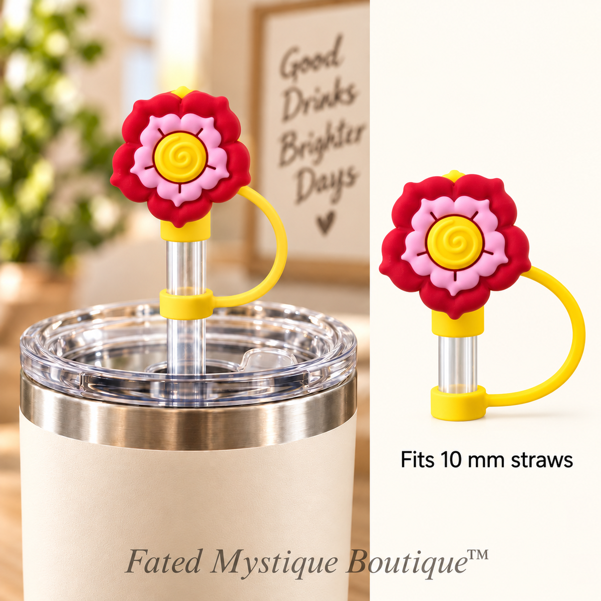 Red and Pink Flower straw topper with matching tether for 10 mm straws — Fated Mystique Boutique