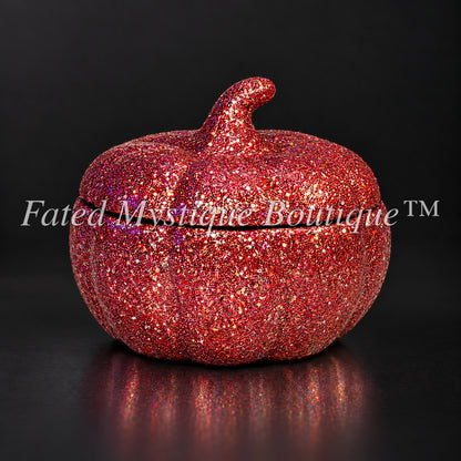 Red glitter pumpkin trinket jar with lid for fall tabletop decor — Fated Mystique Boutique